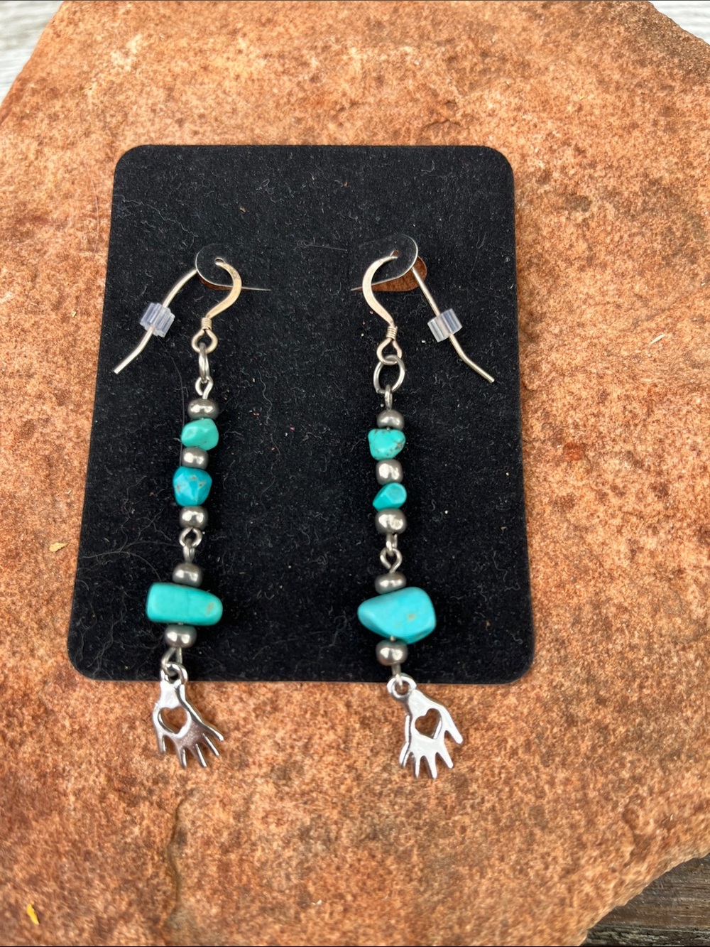 Turquoise Bead Dangle Earrings with SS Hand Charm - Women Jewelry
